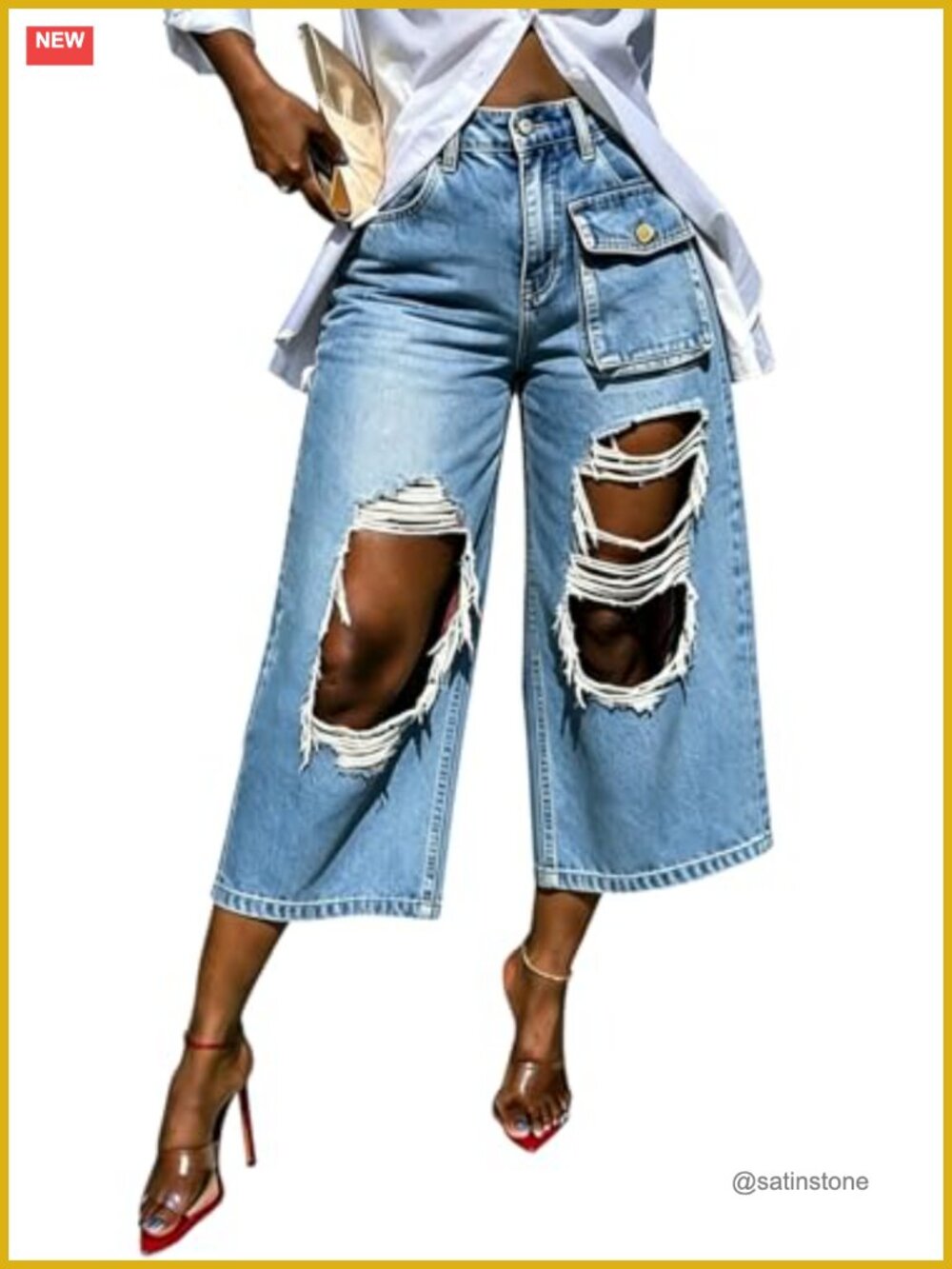 Women Ripped Cargo Capri Jeans Baggy Wide Leg Distressed Denim Pants High Waist